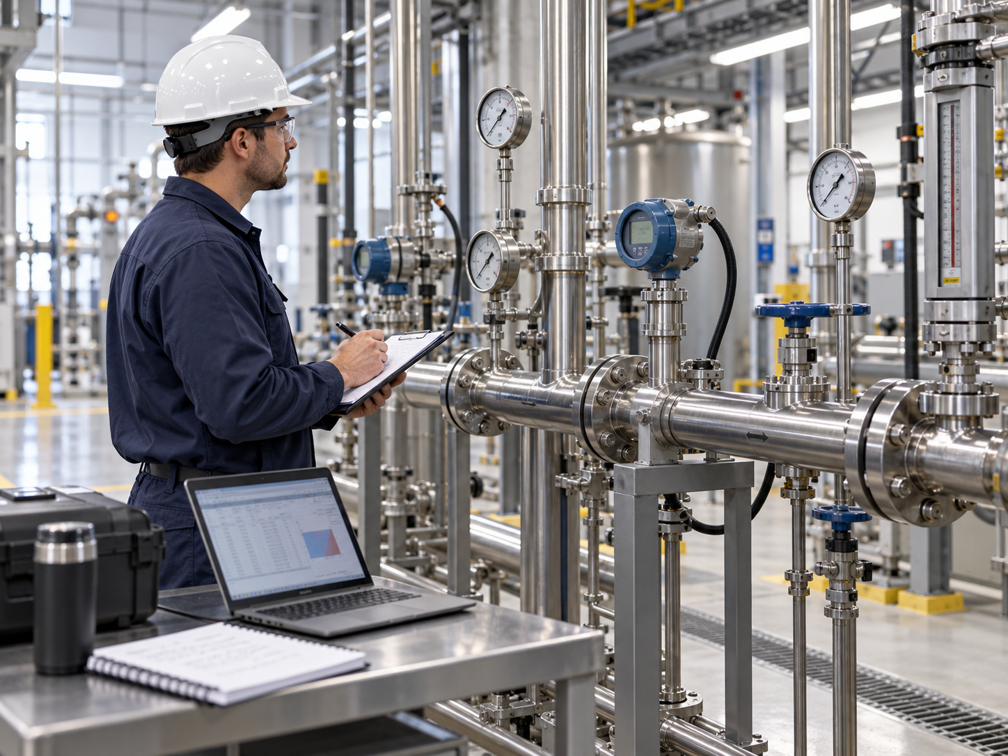 Image needed: Engineer taking process readings to size a heat exchanger